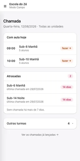 Tela de chamada do Modo Campo no celular, com as turmas que têm aula hoje