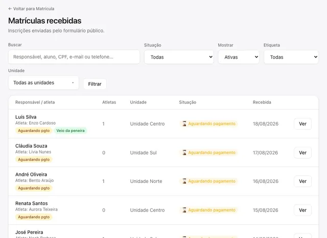 Lista de matrículas recebidas pelo formulário online, com a situação de cada pagamento